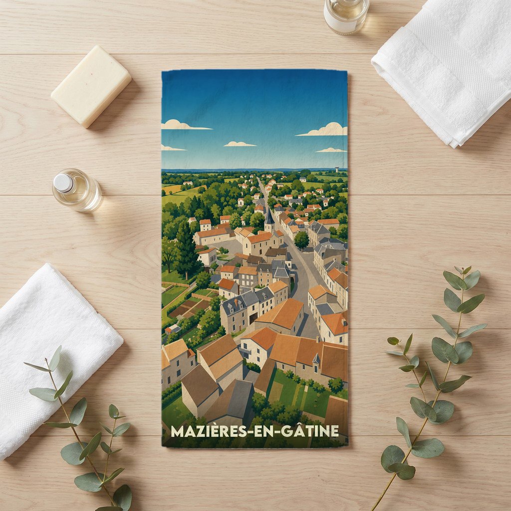 Serviette de bain souvenir de Mazières-en-Gâtine avec une illustration stylisée du village.