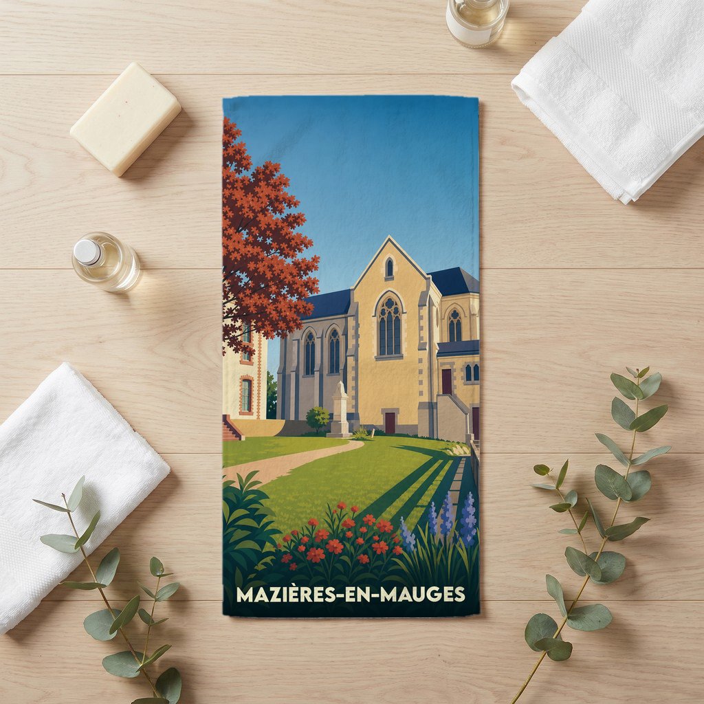 Serviette de bain souvenir de Mazières-en-Mauges avec une illustration stylisée de son patrimoine.