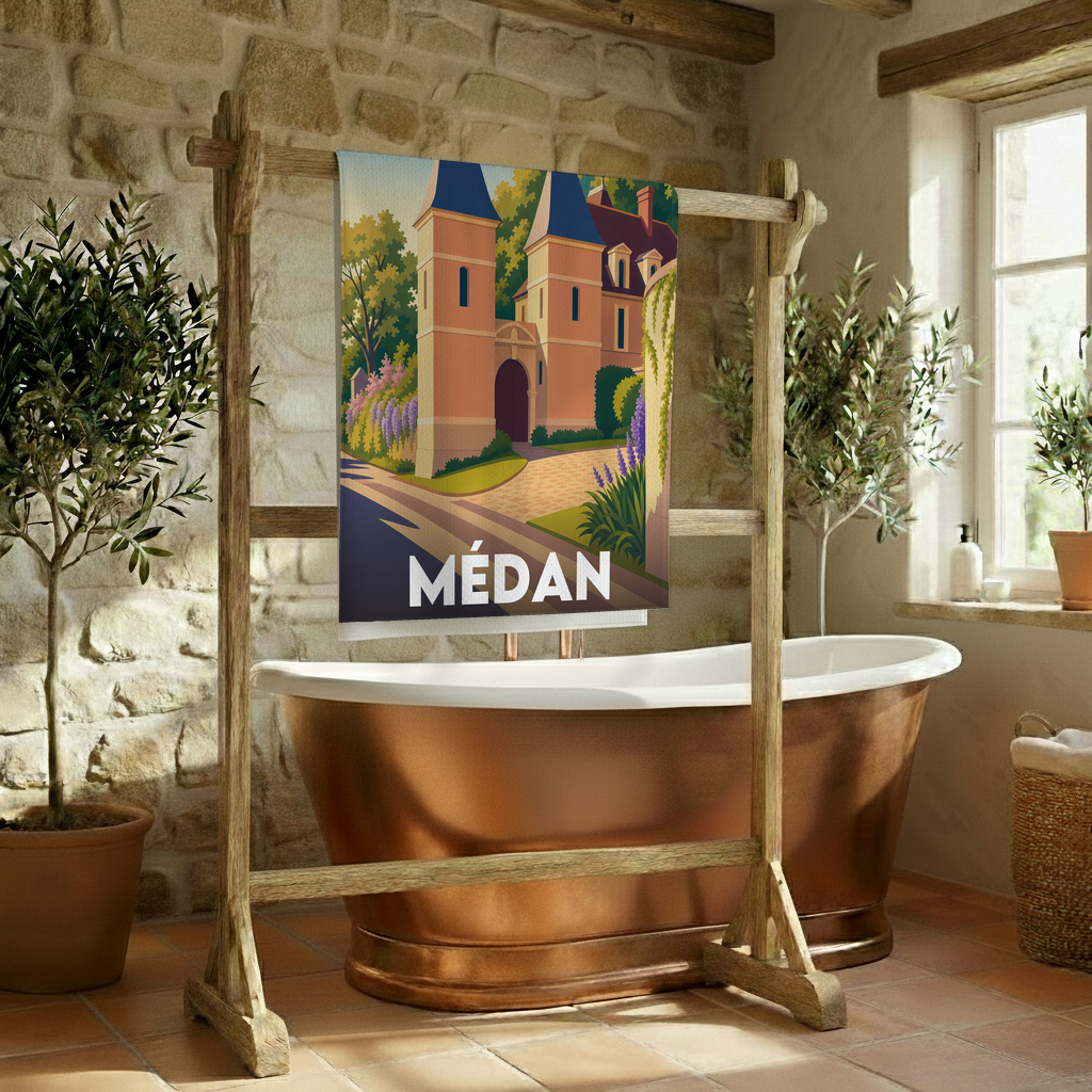 Serviette de bain souvenir de la ville de Médan avec une illustration stylisée.