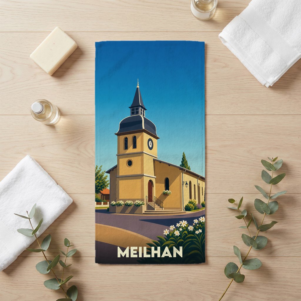 Serviette de bain souvenir de la ville de Meilhan avec une illustration stylisée de son église.