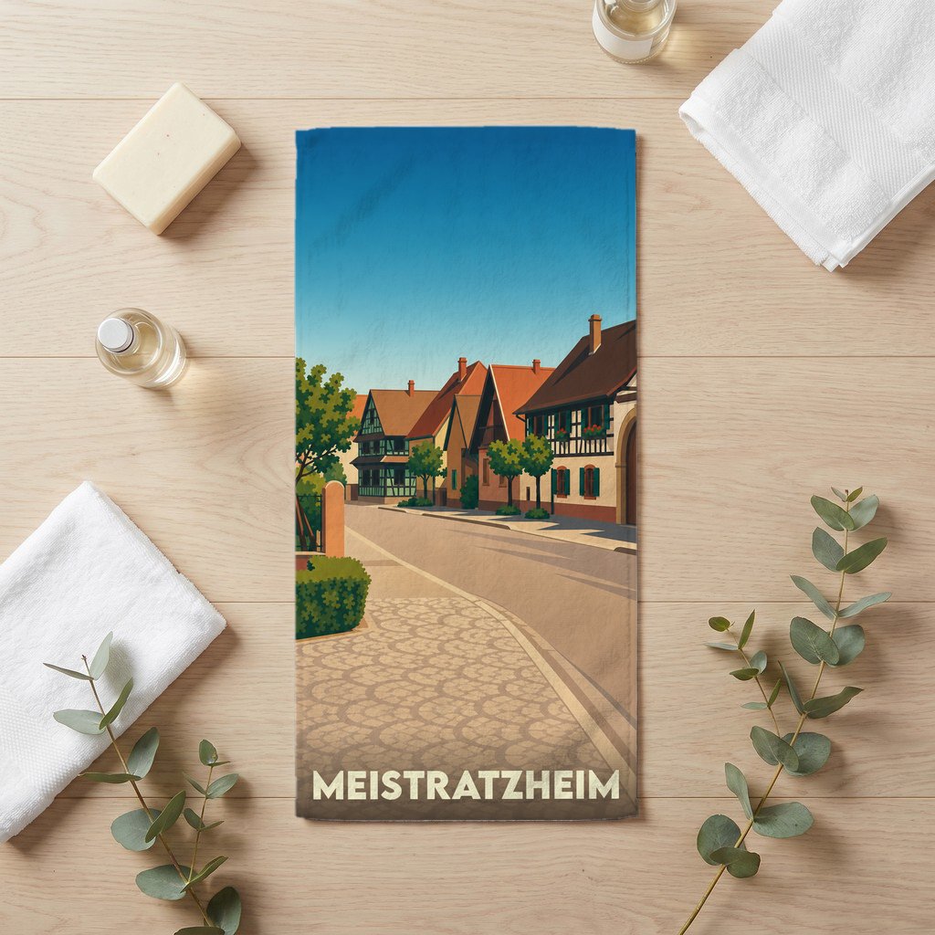 Serviette de bain souvenir de la ville de Meistratzheim illustrée d'un paysage urbain traditionnel alsacien.