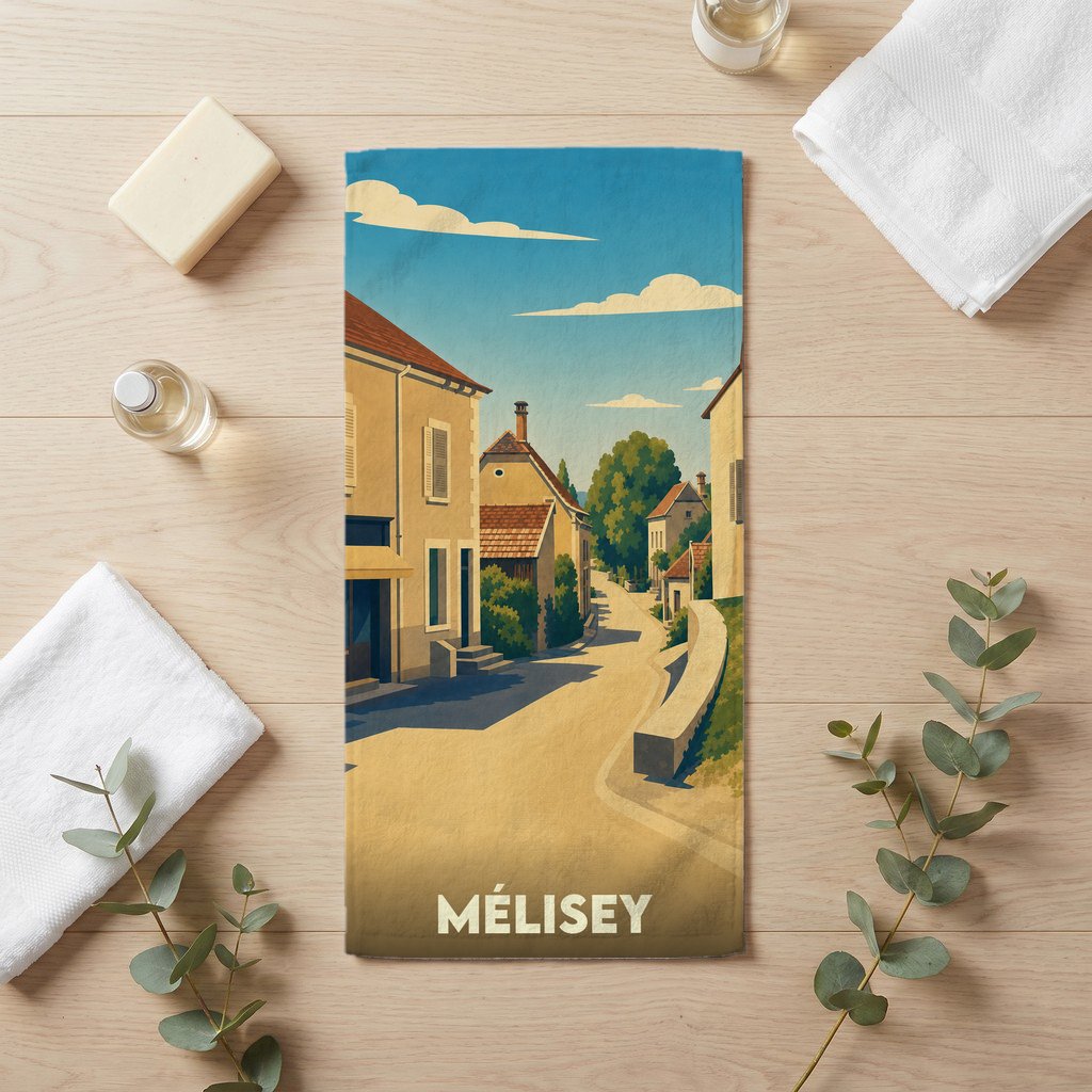Serviette de bain souvenir de la ville de Mélisey avec une illustration de paysage urbain stylisé.
