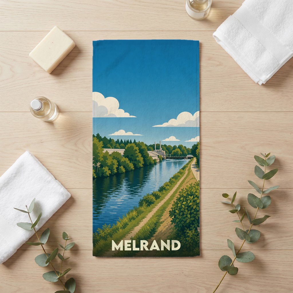 Serviette de bain souvenir de la ville de Melrand avec une illustration stylisée de sa rivière et de ses paysages.