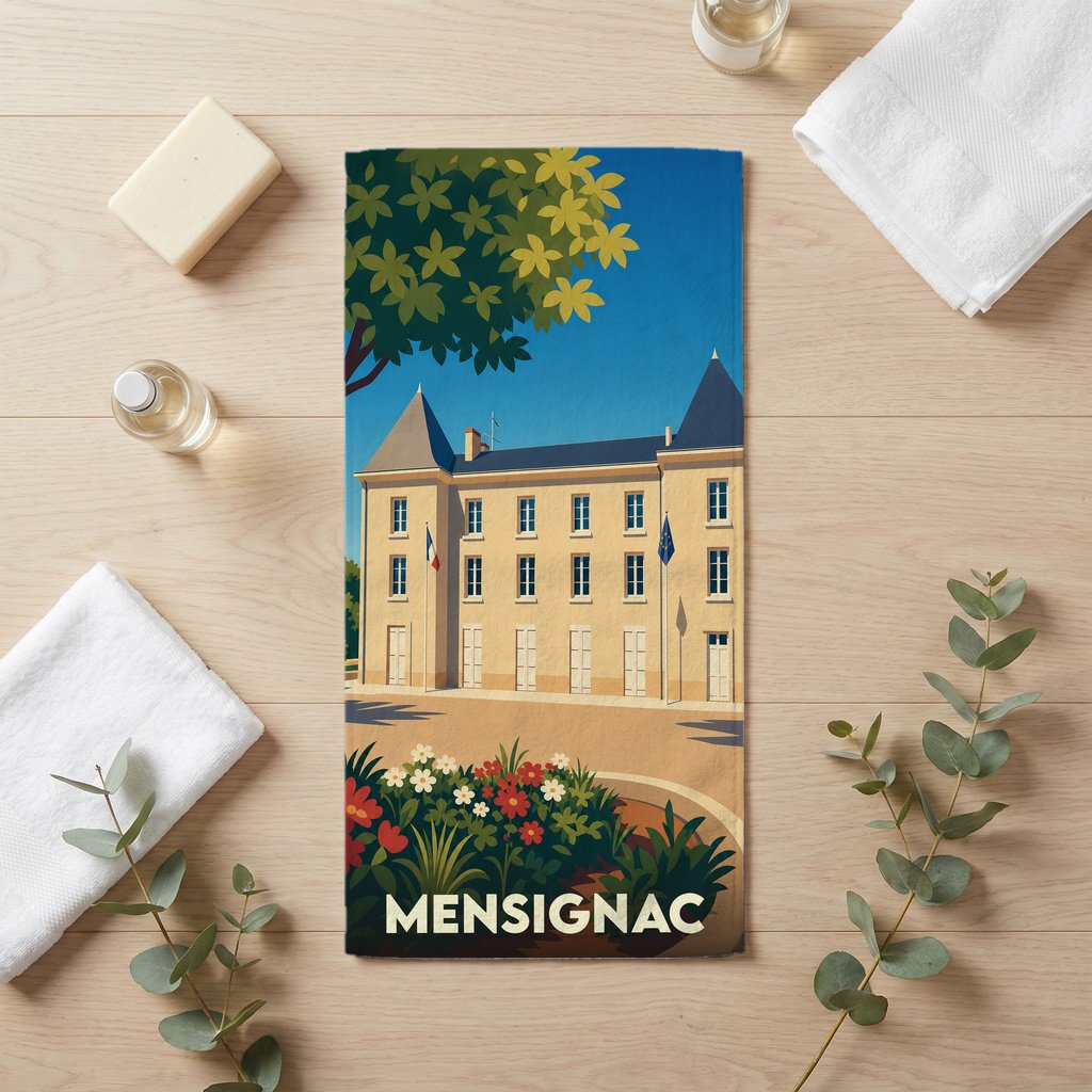 Serviette de bain souvenir de la ville de Mensignac avec une illustration stylisée de sa mairie.