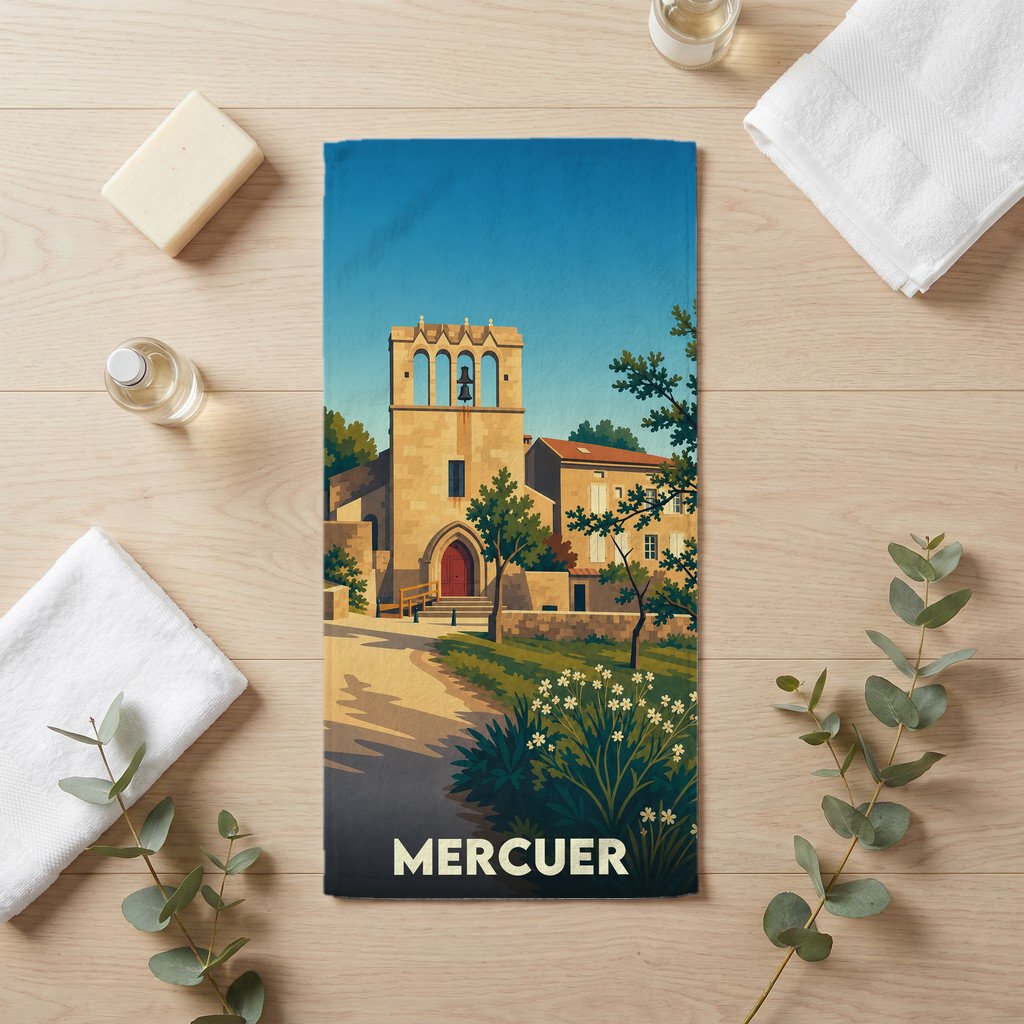 Serviette de bain souvenir de la ville de Mercuer avec une illustration stylisée d'une église sous un ciel bleu.