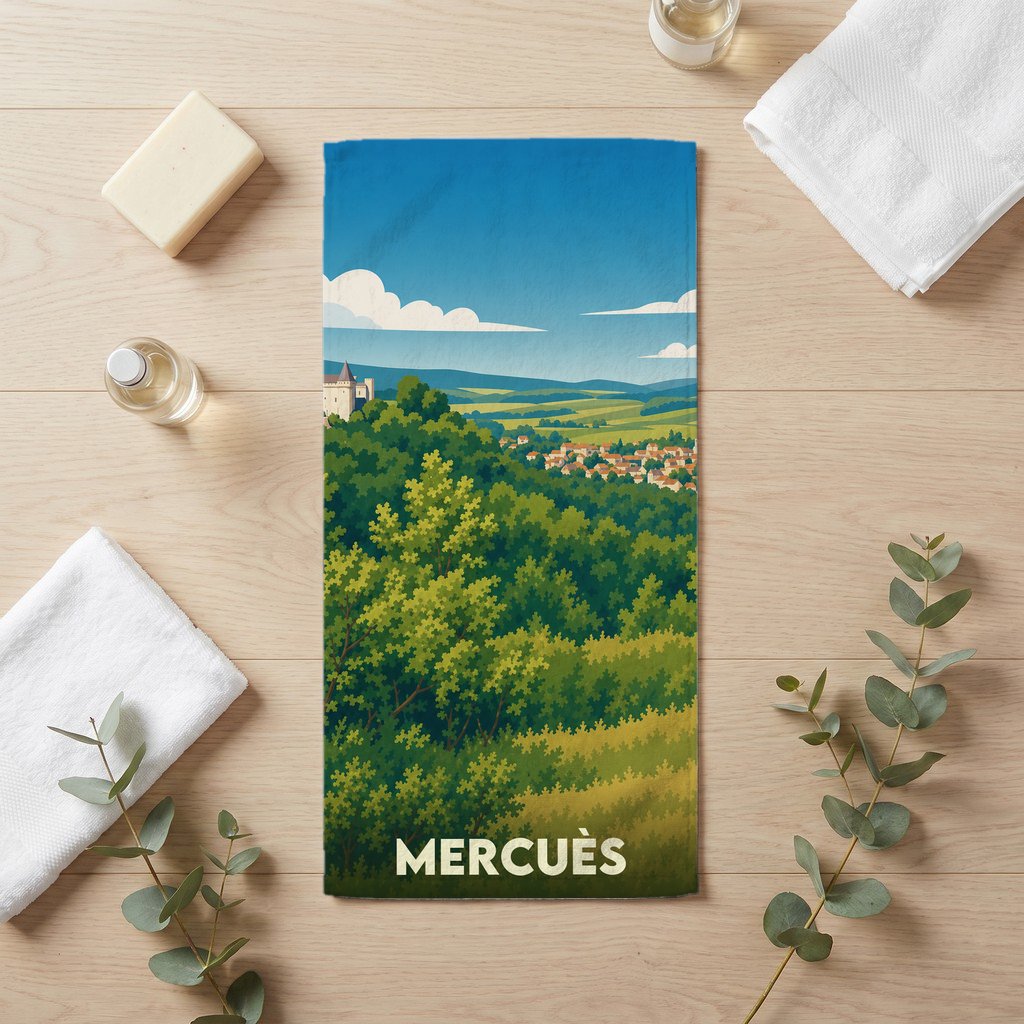 Serviette de bain souvenir de la ville de Mercuès avec une illustration de paysage stylisée.