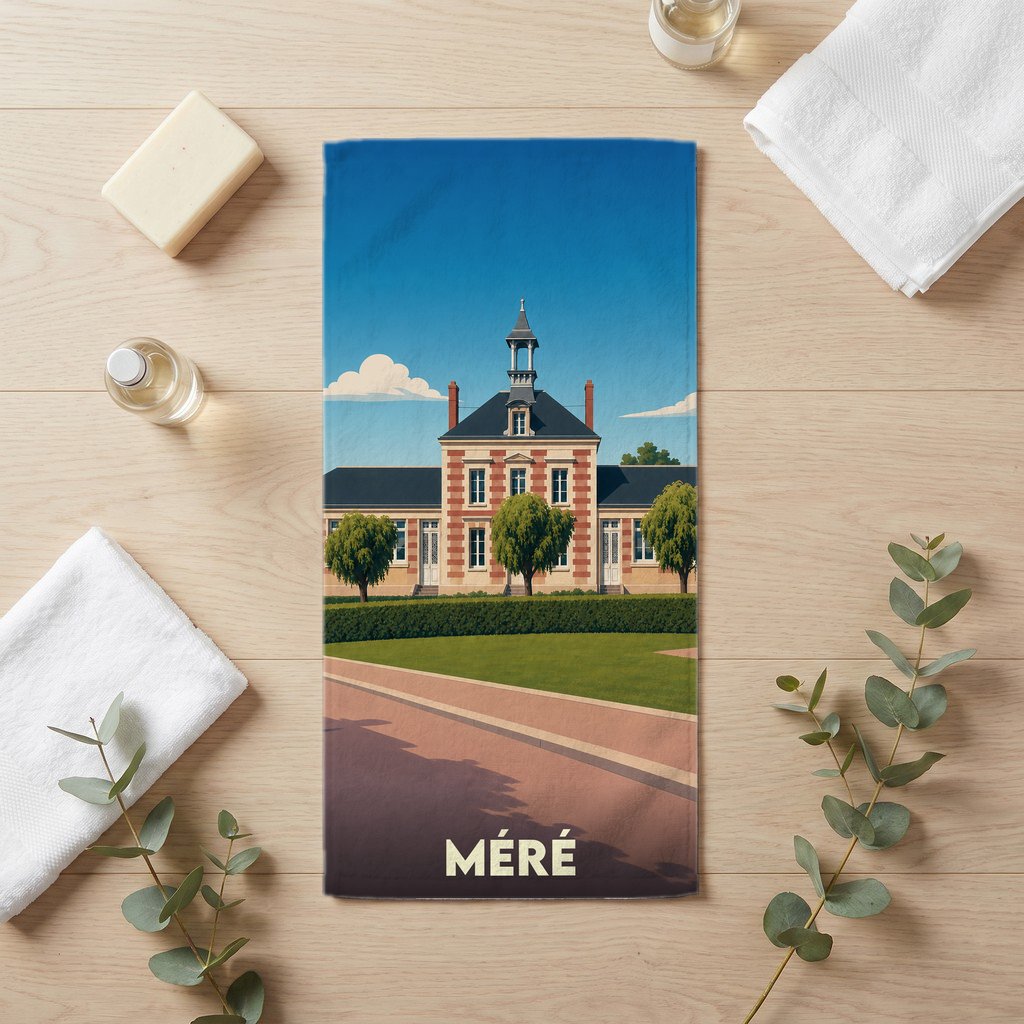 Serviette de bain souvenir de la ville de Méré avec une illustration stylisée de sa mairie.