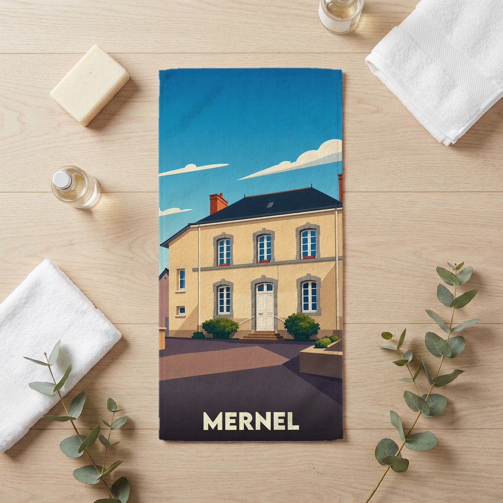 Serviette de bain souvenir de la ville de Mernel avec une illustration stylisée.
