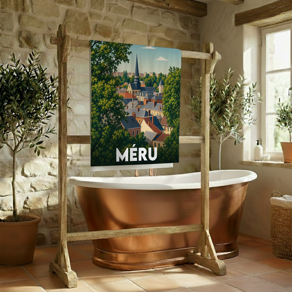 Serviette de bain souvenir de la ville de Méru avec une illustration stylisée de son paysage urbain.