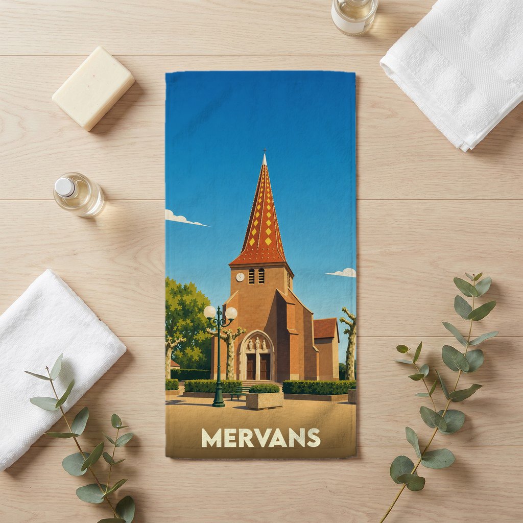 Serviette de bain souvenir de la ville de Mervans avec une illustration stylisée de son église.