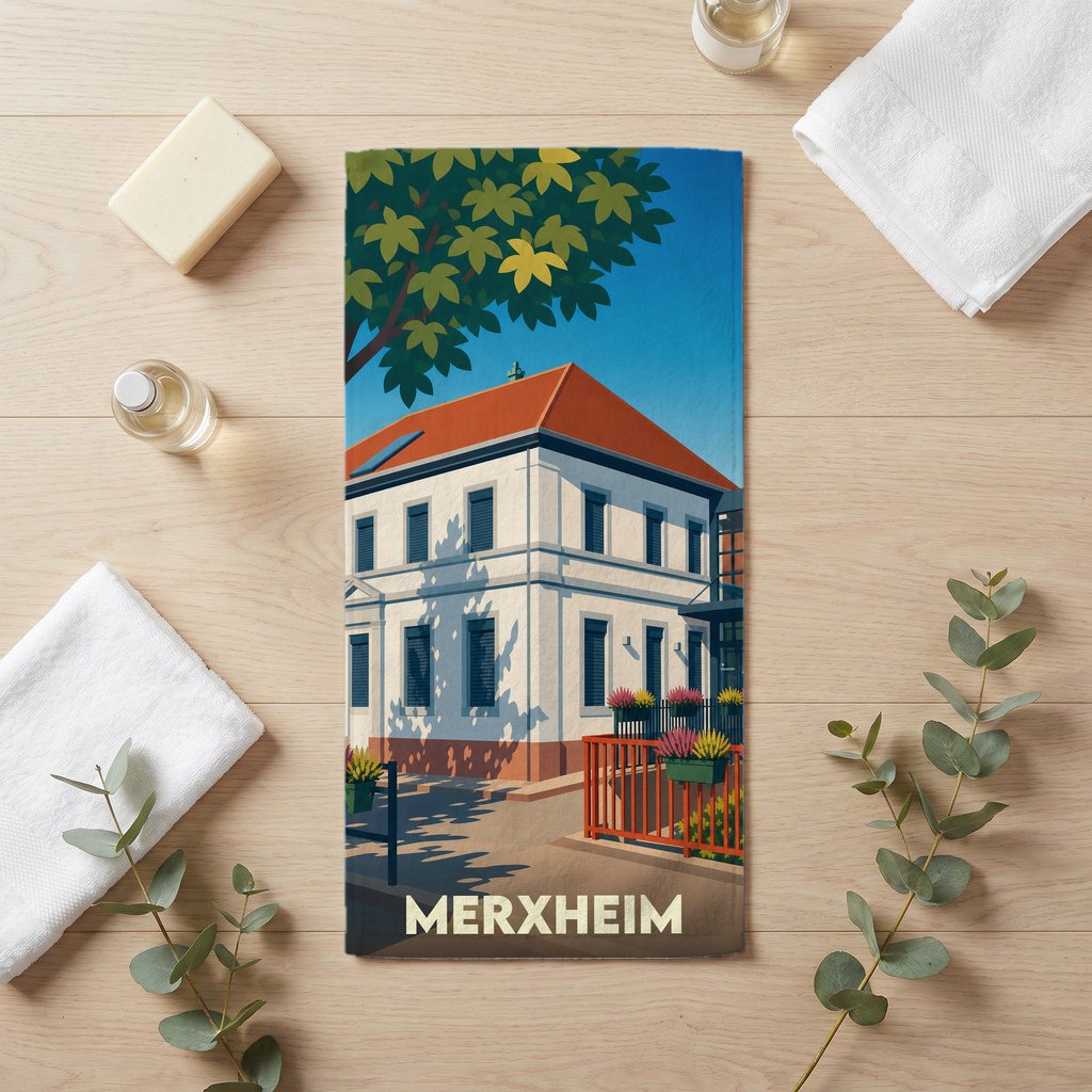 Serviette de bain souvenir de la ville de Merxheim illustrée d'un bâtiment stylisé sous un arbre.