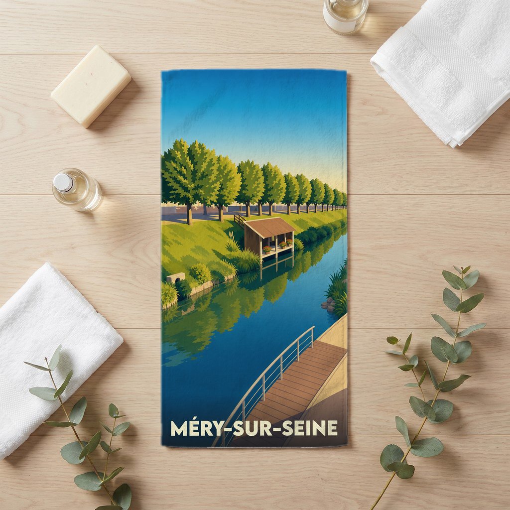 Serviette de bain souvenir de la ville de Méry-sur-Seine avec une illustration stylisée des bords du canal.