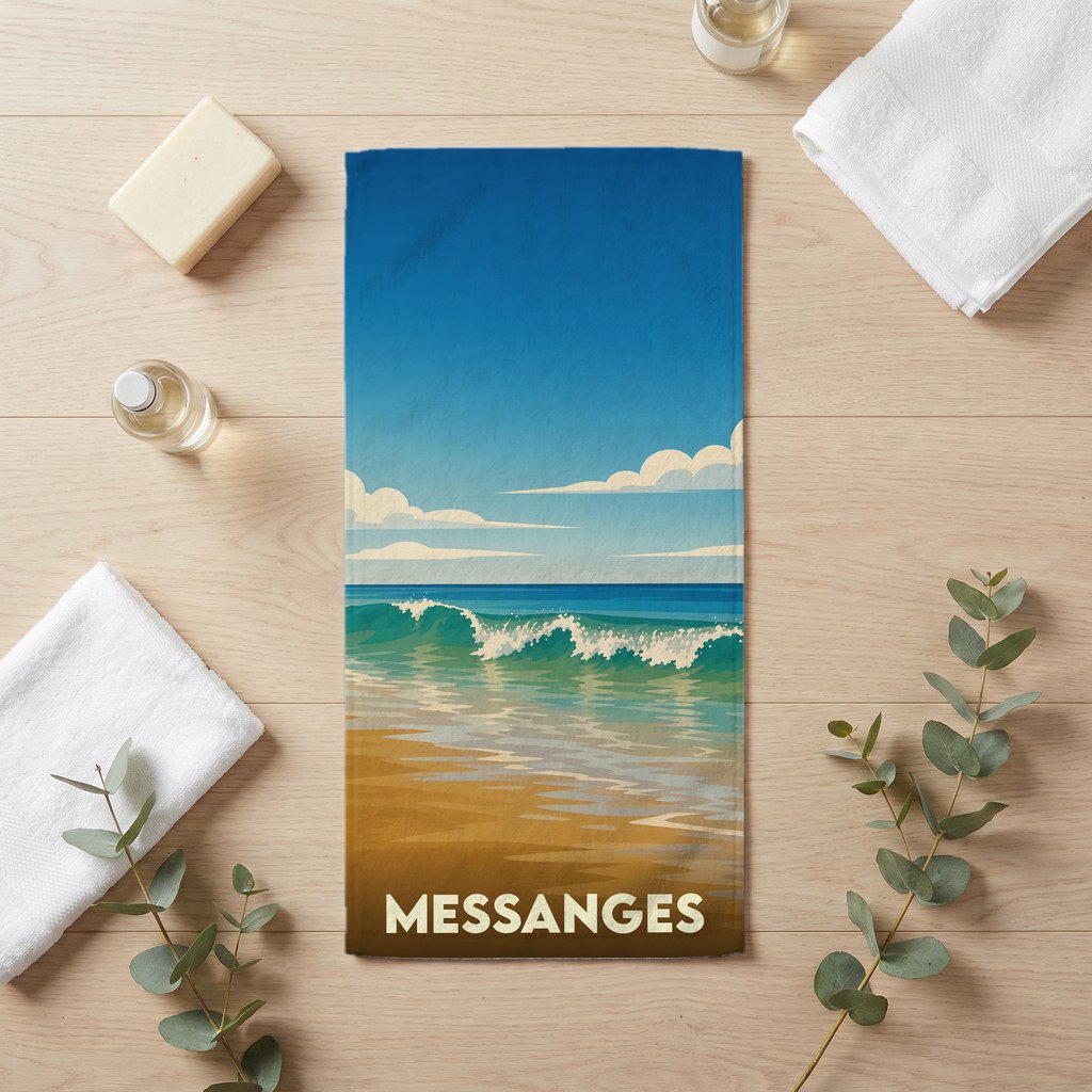 Serviette de bain souvenir de la ville de Messanges avec une illustration de plage stylisée.