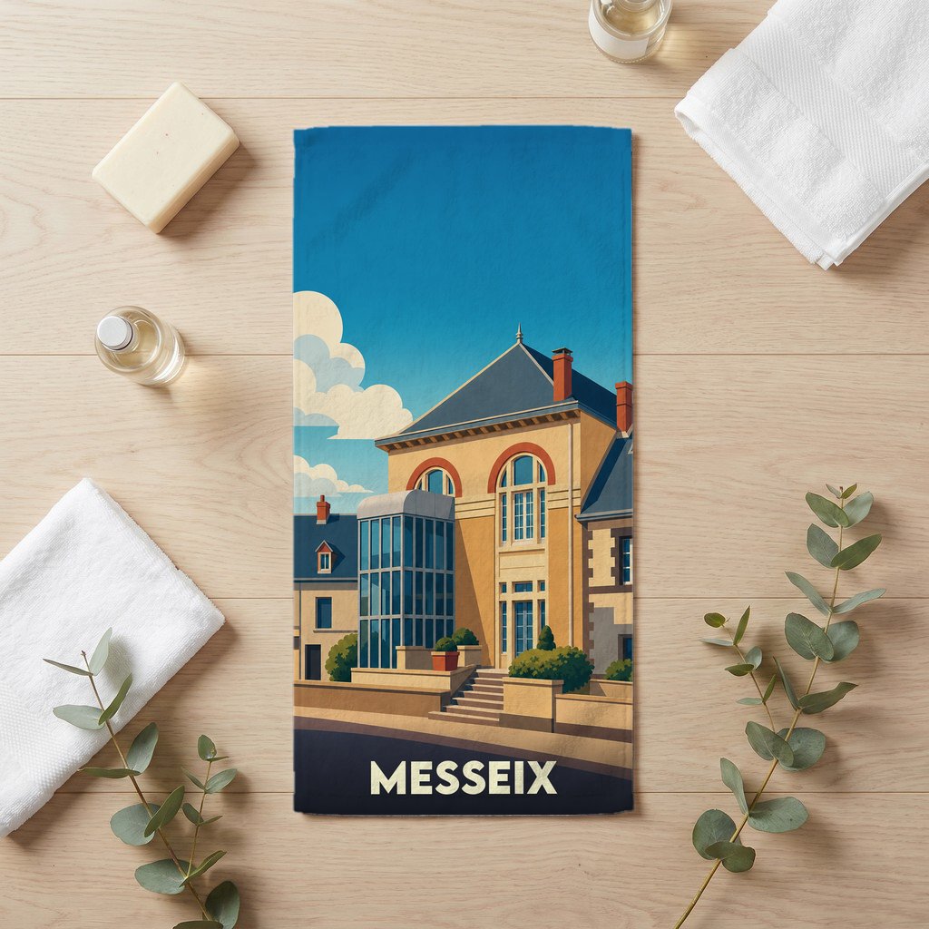 Serviette de bain souvenir de la ville de Messeix ornée d'une illustration architecturale colorée.