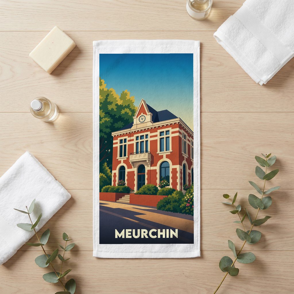 Serviette de bain souvenir de la ville de Meurchin avec une illustration stylisée de l'hôtel de ville.