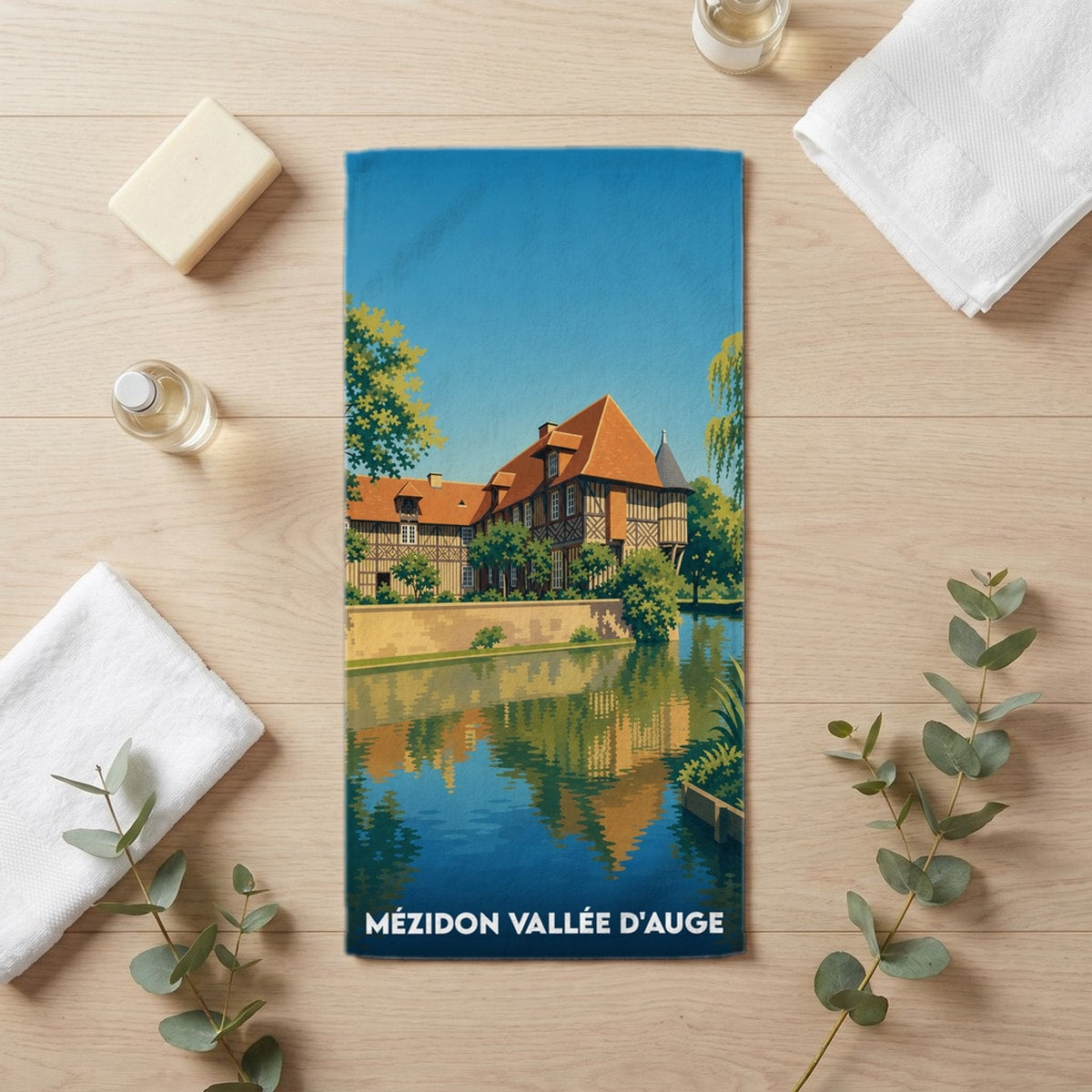 Serviette de bain 30 cm x 60 cm souvenir de Mézidon Vallée d'Auge