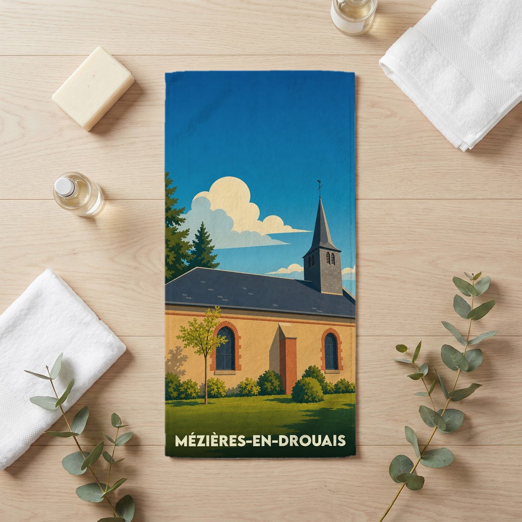 Serviette de bain souvenir de la ville de Mézières-en-Drouais avec une illustration stylisée de son église.