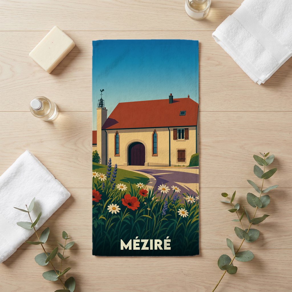 Serviette de bain souvenir de la ville de Méziré illustrée d'un paysage pittoresque stylisé.