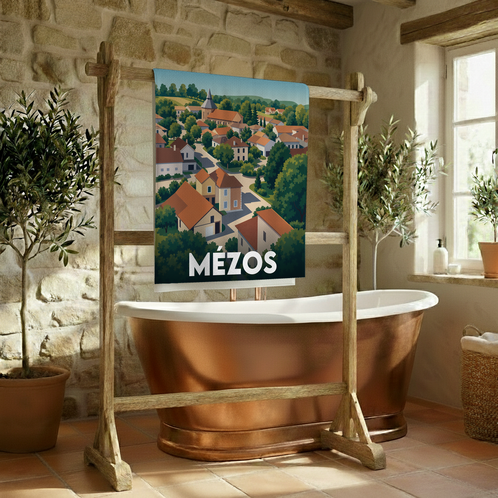 Serviette de bain souvenir de la ville de Mézos avec une illustration stylisée.