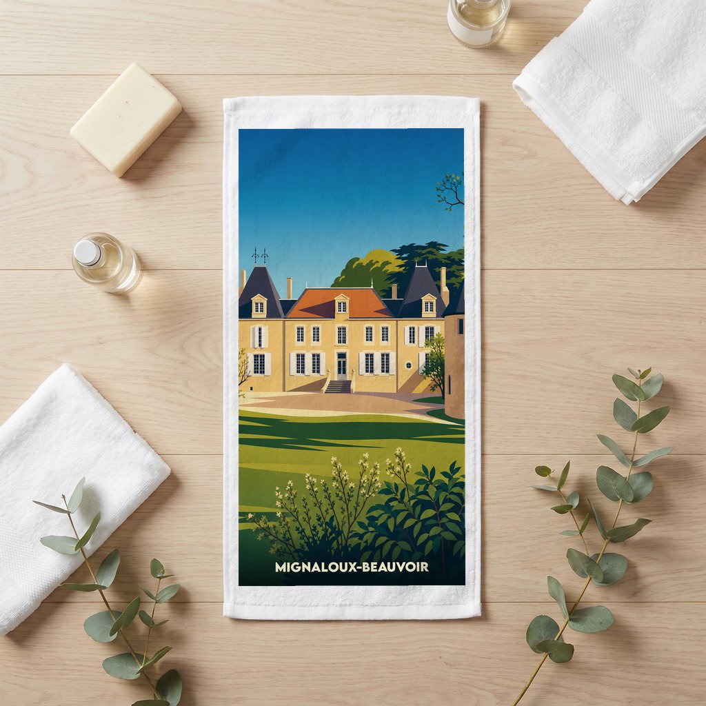 Serviette de bain souvenir de la ville de Mignaloux-Beauvoir avec une illustration stylisée.