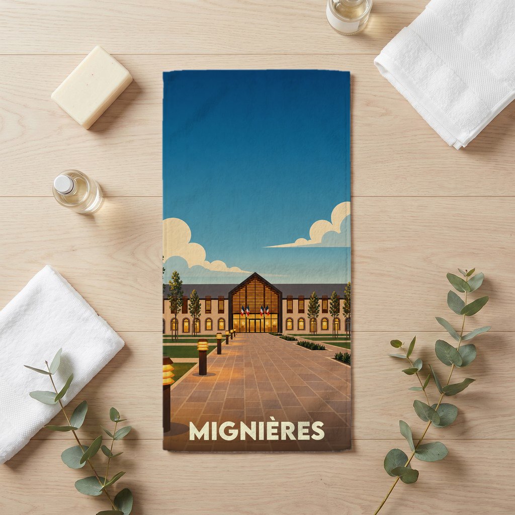Serviette de bain souvenir de la ville de Mignières avec une illustration stylisée de l'hôtel de ville.