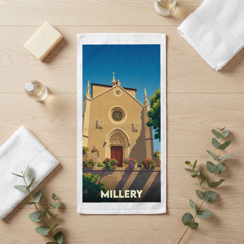 Serviette de bain souvenir de la ville de Millery avec une illustration stylisée de son église.