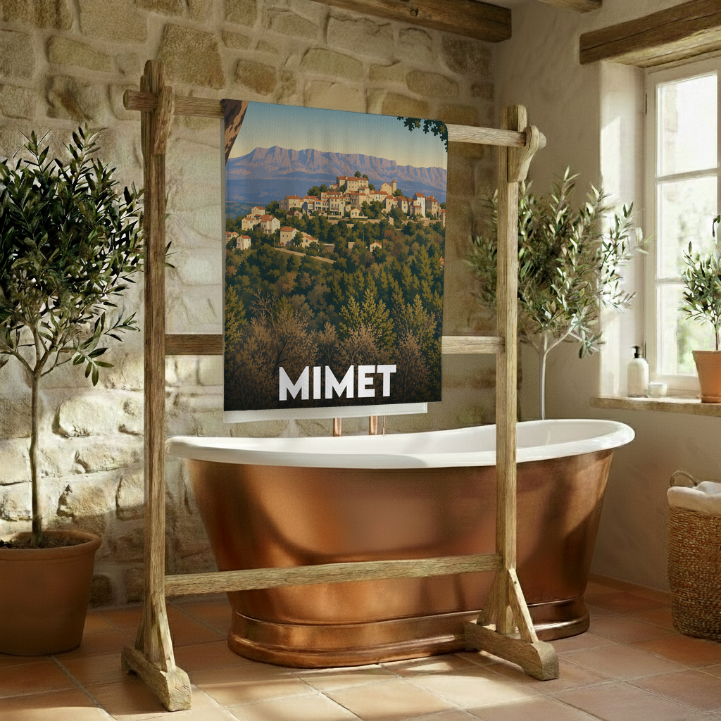 Serviette de bain souvenir de la ville de Mimet avec une illustration de paysage stylisée.
