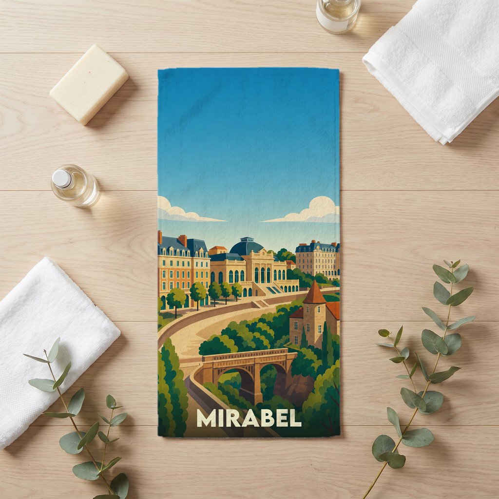 Serviette de bain souvenir de la ville de Mirabel avec une illustration stylisée de son paysage urbain.