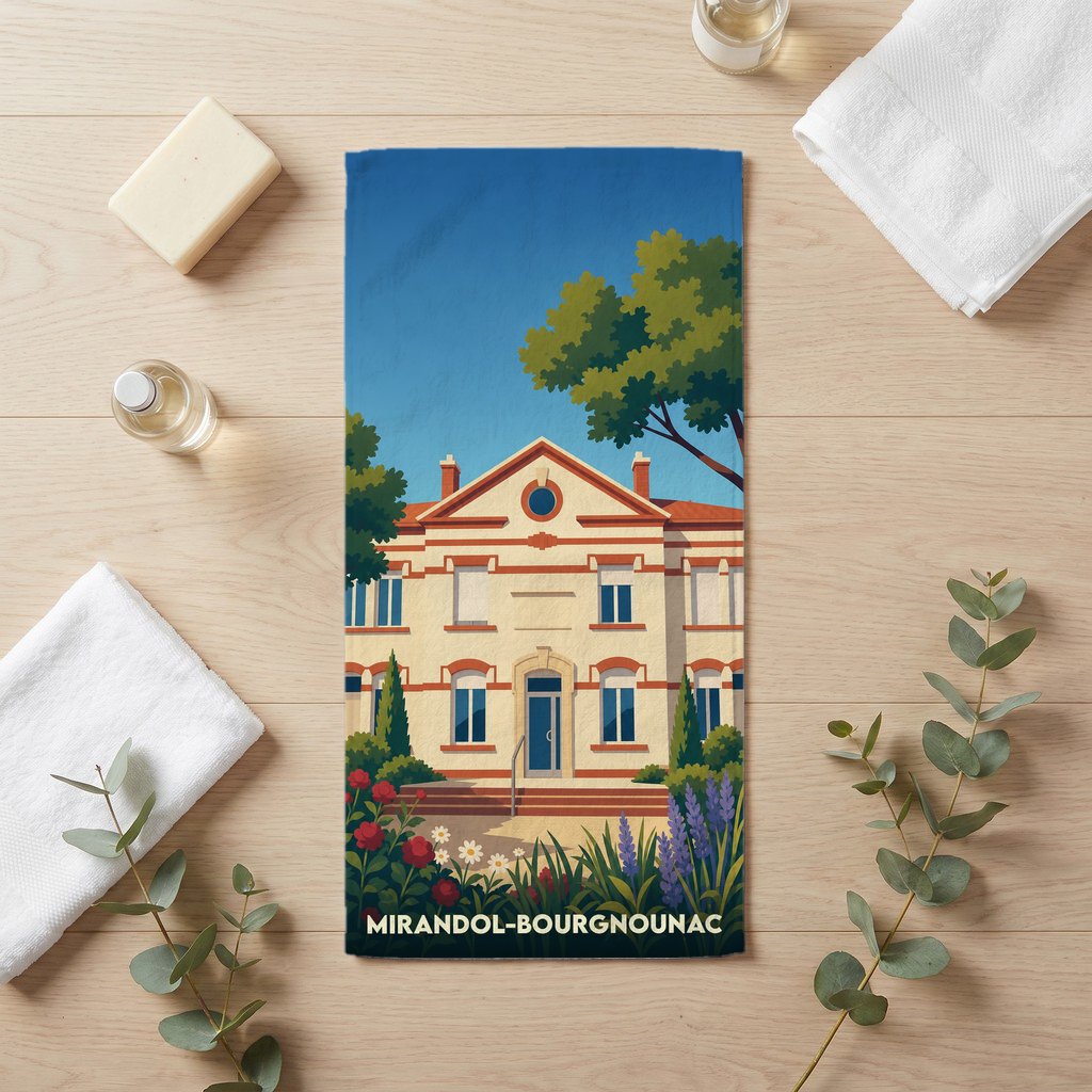 Serviette de bain souvenir de la ville de Mirandol-Bourgnounac illustrée d'un bâtiment historique stylisé.