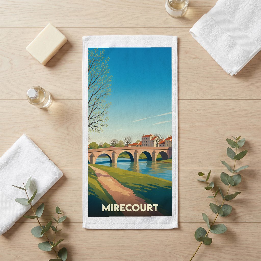 Serviette de bain souvenir de la ville de Mirecourt ornée d'une illustration stylisée de son pont.