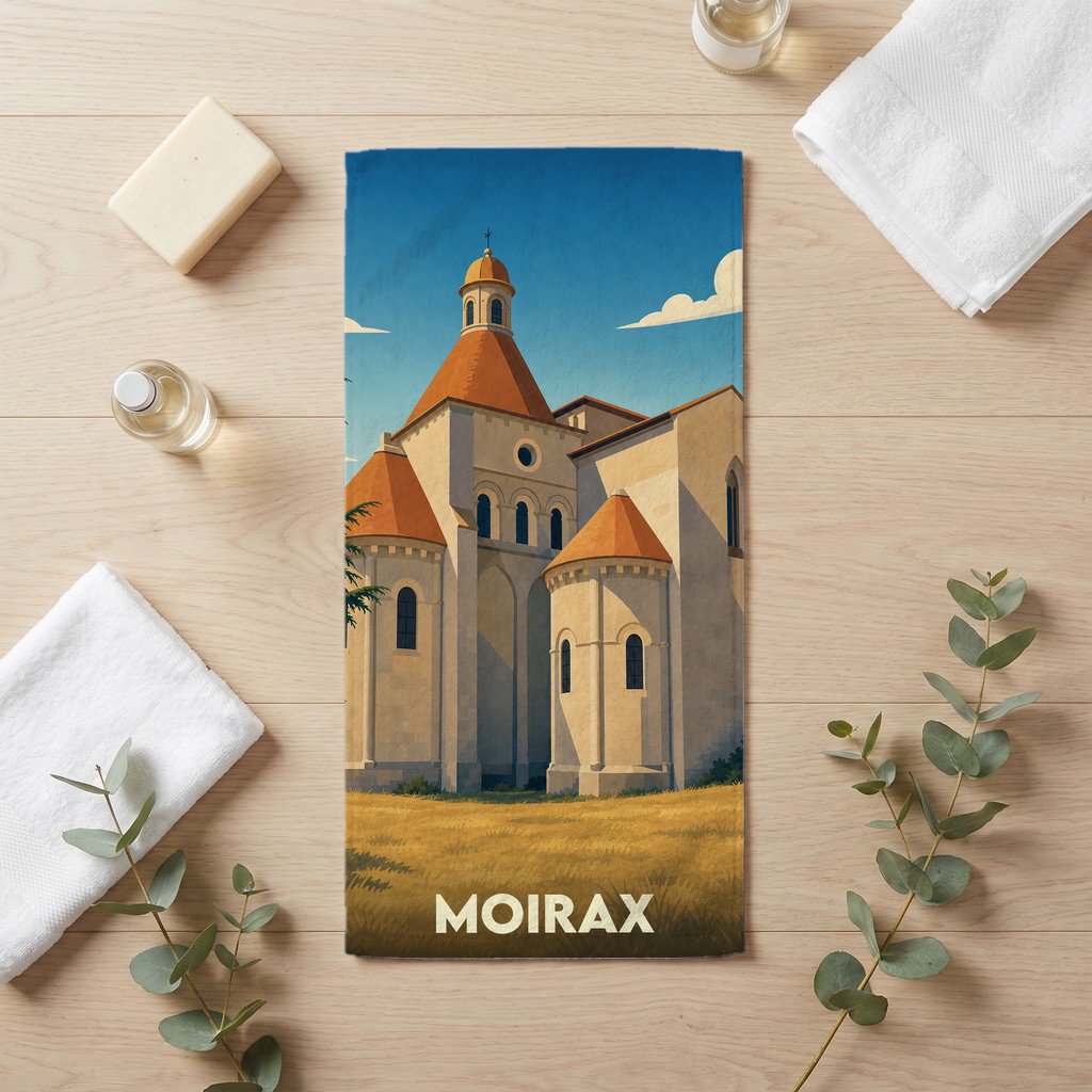 Serviette de bain souvenir de la ville de Moirax avec une illustration stylisée de son prieuré.
