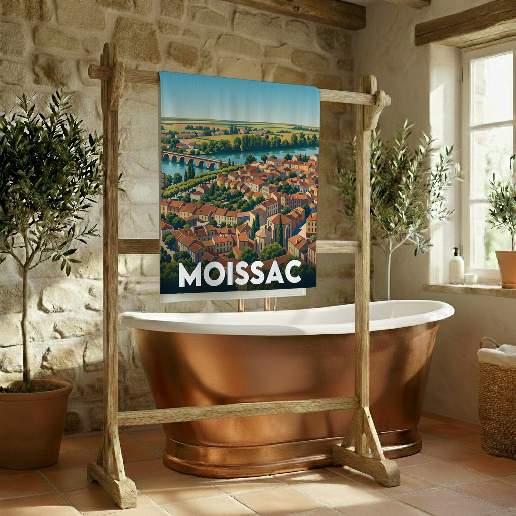 Serviette de bain souvenir de la ville de Moissac avec une illustration panoramique stylisée.