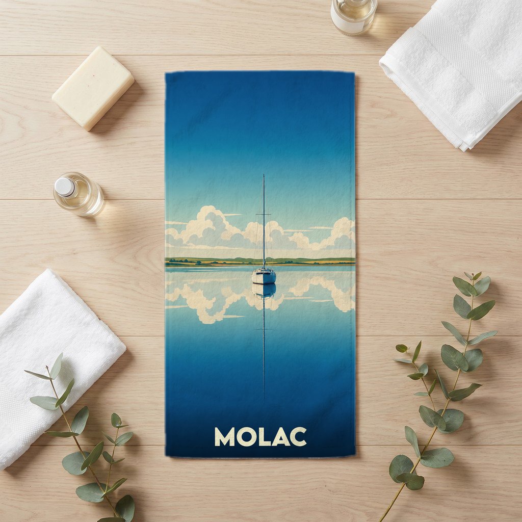 Serviette de bain souvenir de la ville de Molac avec une illustration stylisée d'un voilier.