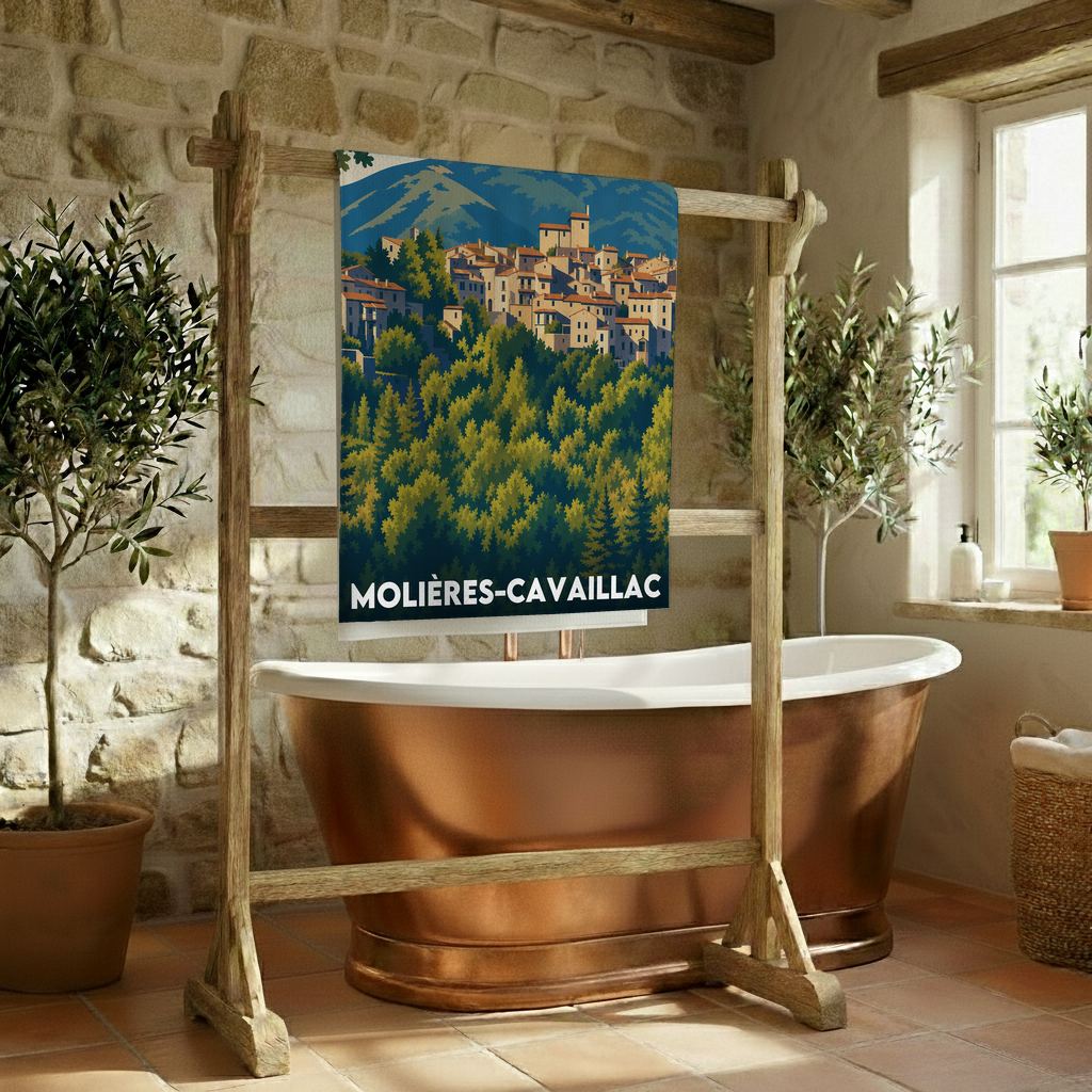 Serviette de bain souvenir de la ville de Molières-Cavaillac avec une illustration stylisée.