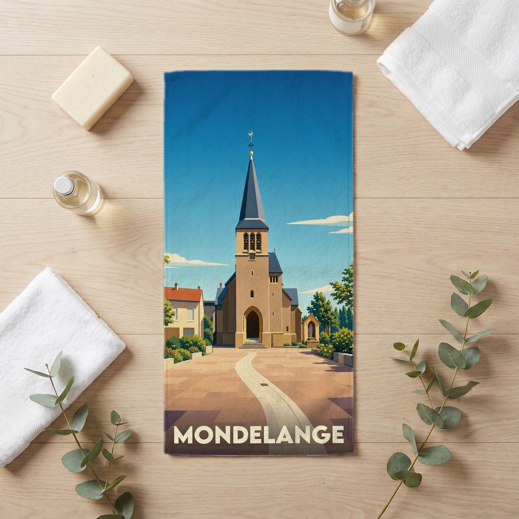 Serviette de bain souvenir de la ville de Mondelange avec une illustration stylisée de son église.