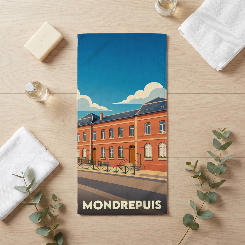 Serviette de bain souvenir de la ville de Mondrepuis avec une illustration stylisée.