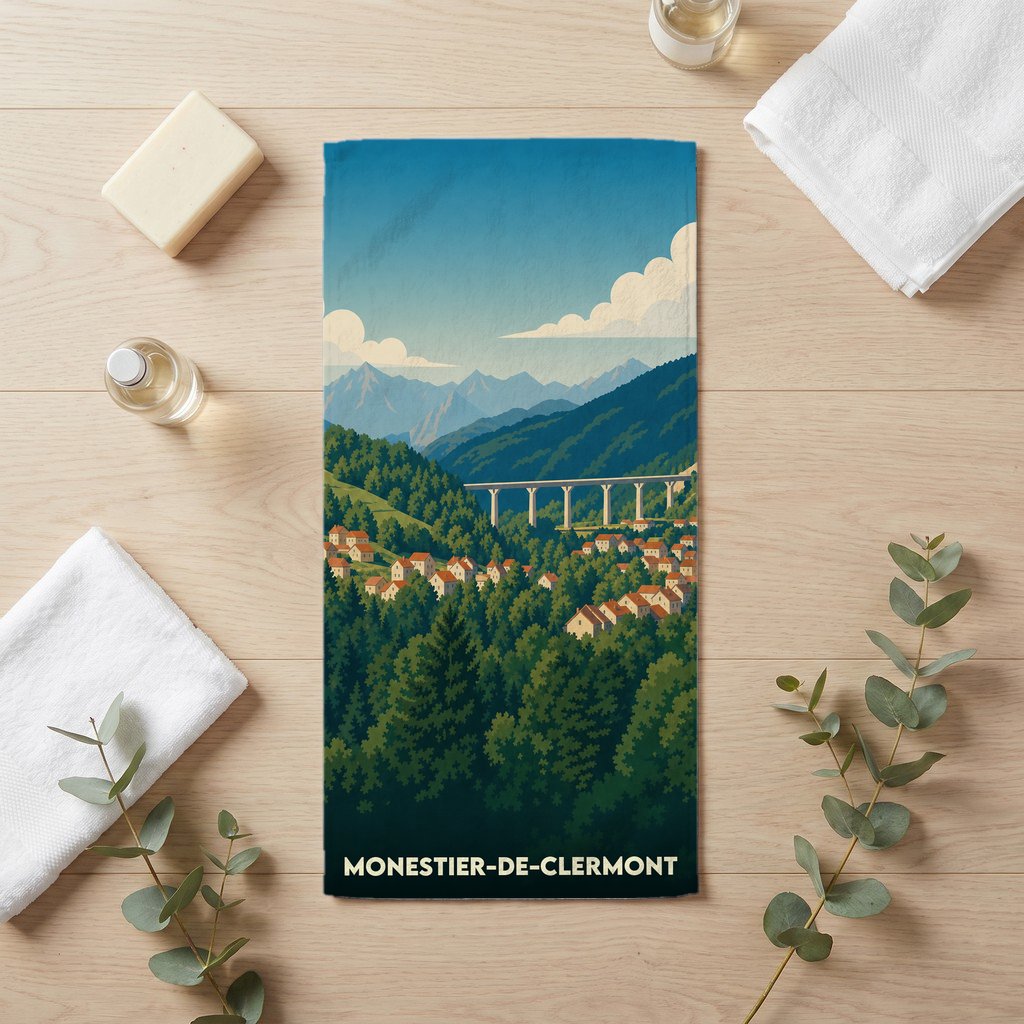 Serviette de bain souvenir de la ville de Monestier-de-Clermont illustrant un paysage de montagne stylisé.