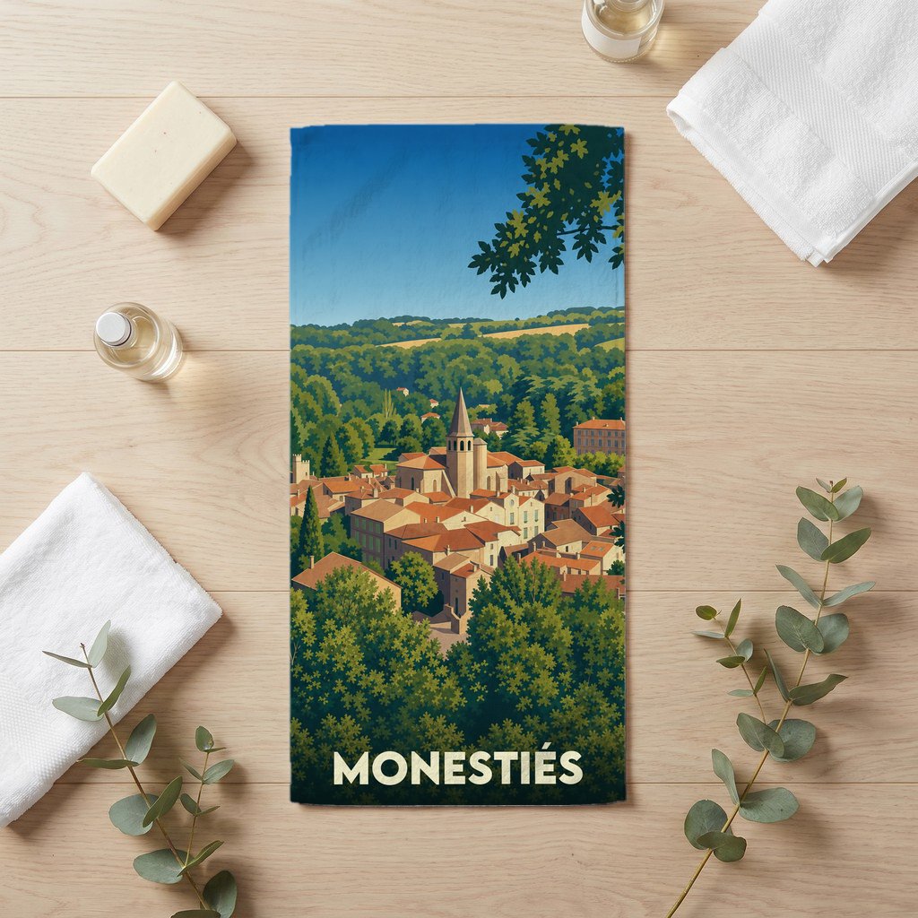 Serviette de bain souvenir de la ville de Monestiés avec une illustration stylisée.
