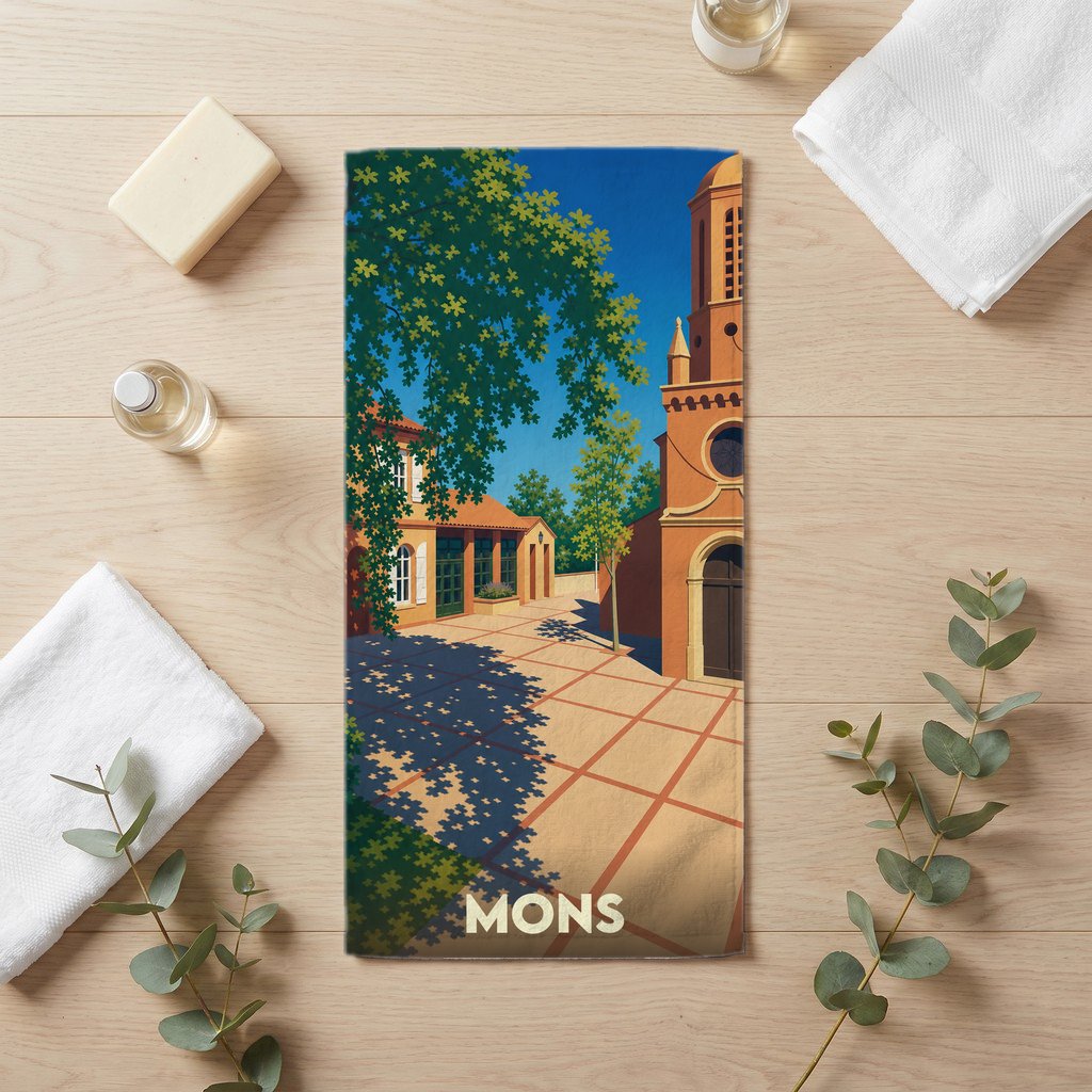 Serviette de bain souvenir de la ville de Mons avec une illustration stylisée.