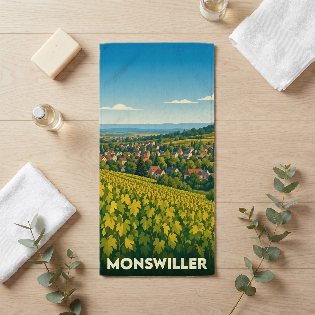 Serviette de bain souvenir de la ville de Monswiller illustrée d'un paysage de vignobles et de village.