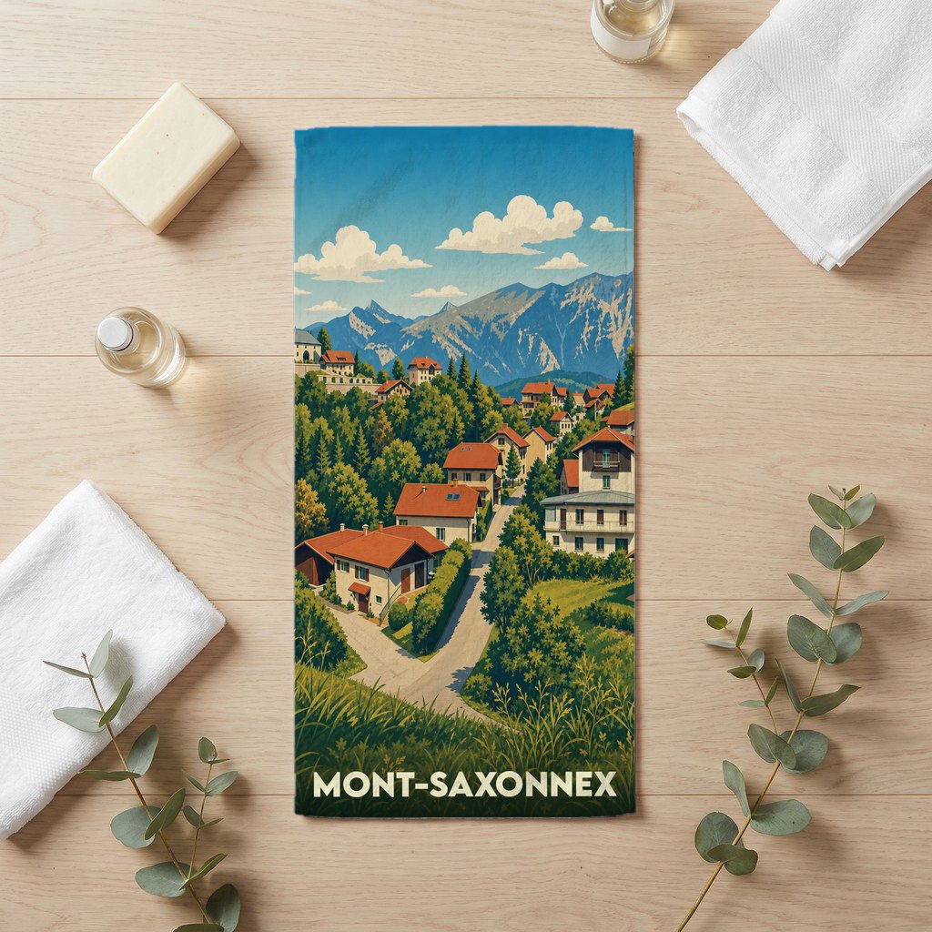 Serviette de bain souvenir de la ville de Mont-Saxonnex avec une illustration de paysage de montagne.