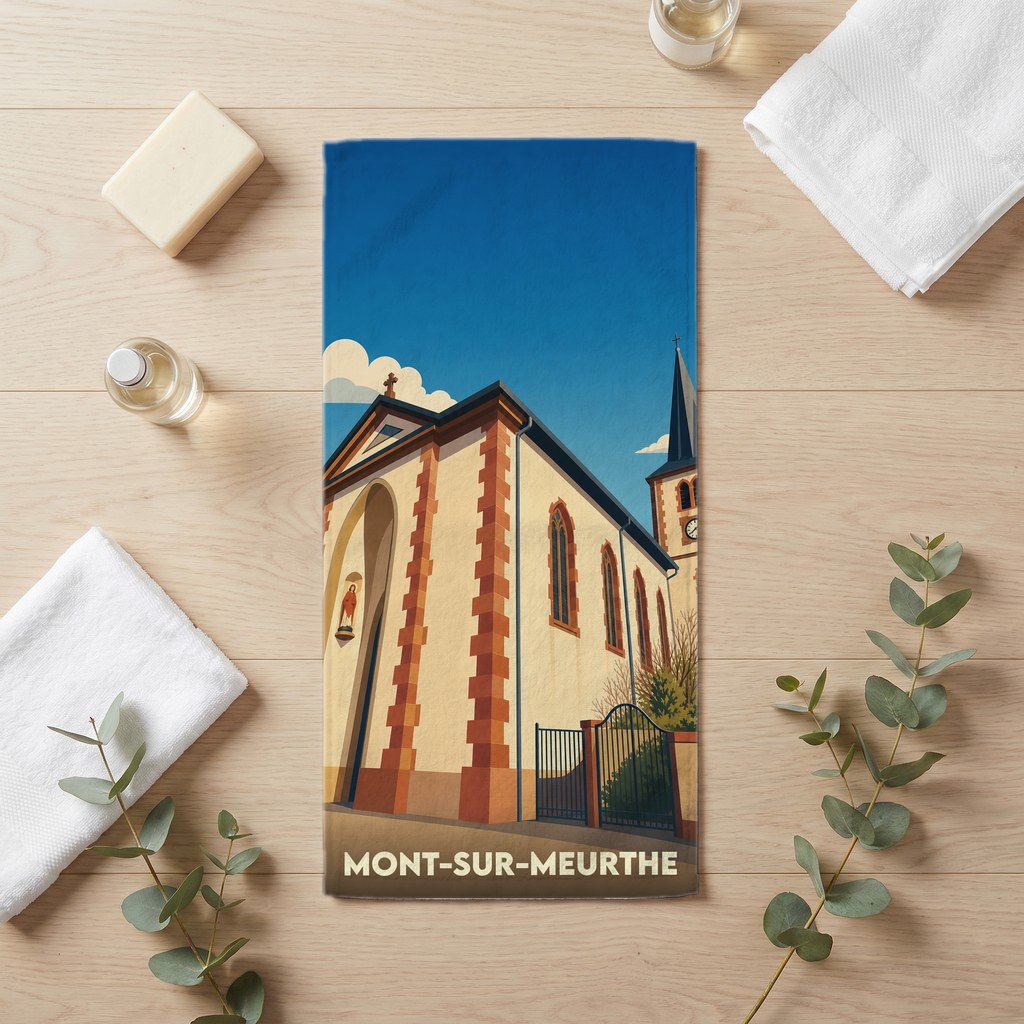 Serviette de bain souvenir de la ville de Mont-sur-Meurthe avec une illustration stylisée de son église.