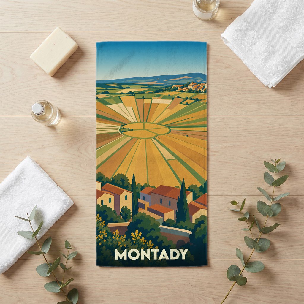 Serviette de bain souvenir de la ville de Montady avec une illustration stylisée de son étang asséché.