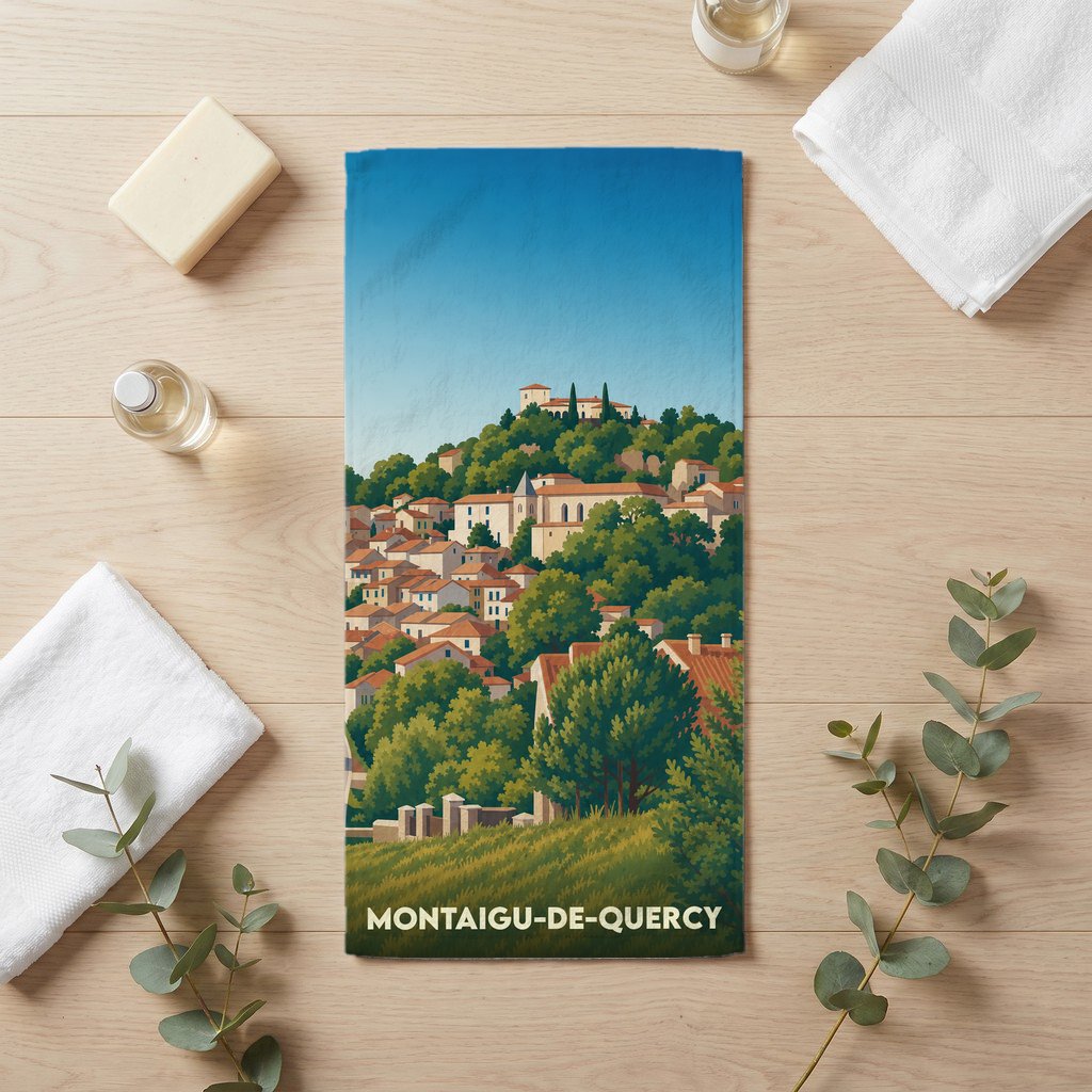 Serviette de bain souvenir de la ville de Montaigu-de-Quercy avec une illustration stylisée.