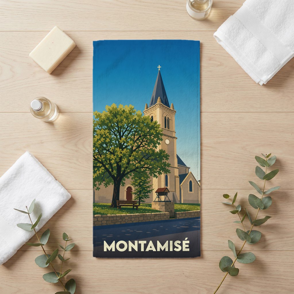 Serviette de bain souvenir de la ville de Montamisé avec une illustration stylisée de son église.