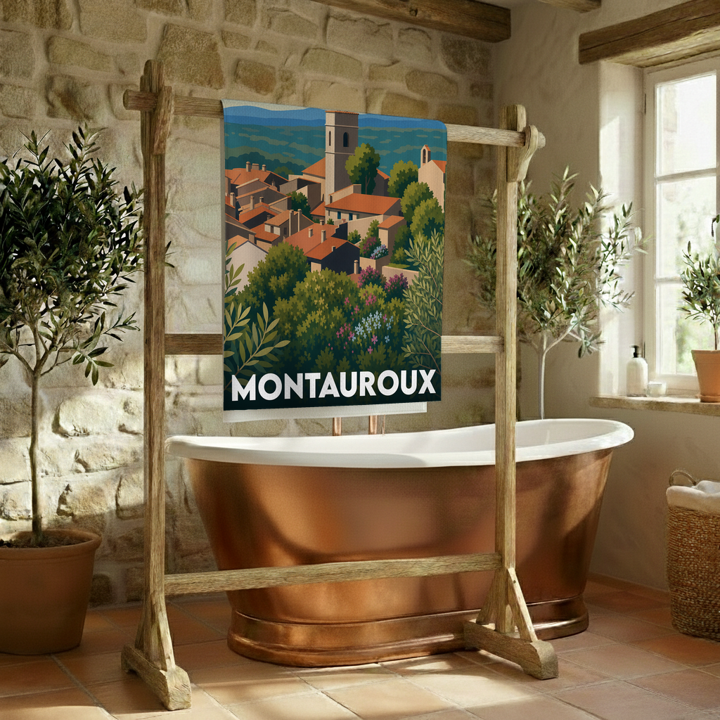 Serviette de bain souvenir de la ville de Montauroux avec une illustration stylisée de son paysage provençal.