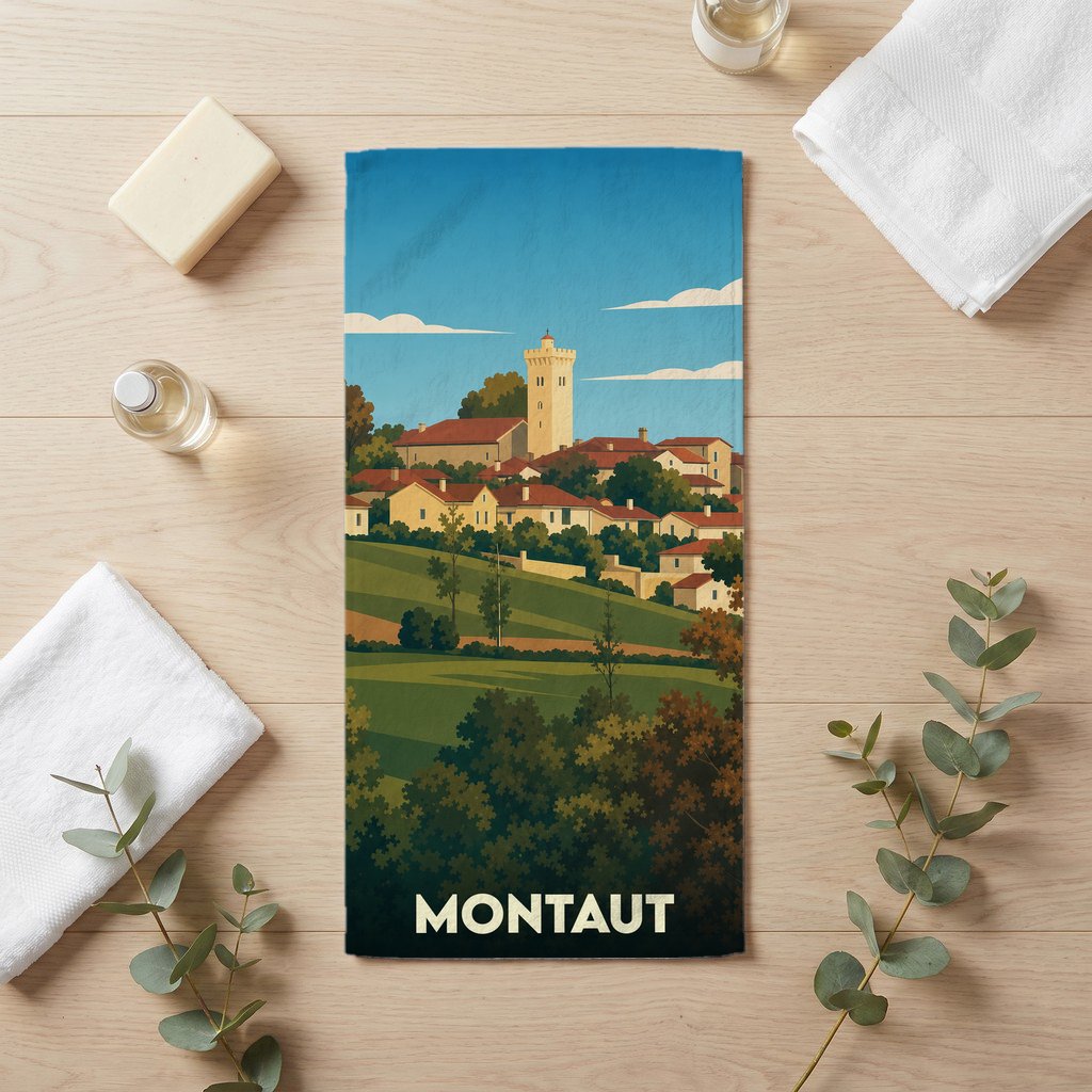 Serviette de bain souvenir de la ville de Montaut avec une illustration stylisée.