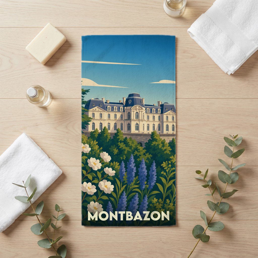 Serviette de bain souvenir de la ville de Montbazon illustrée par un château et un jardin fleuri.