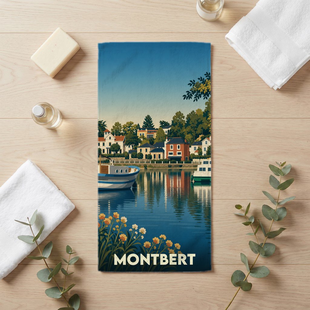 Serviette de bain souvenir de la ville de Montbert avec une illustration stylisée d'un paysage fluvial.