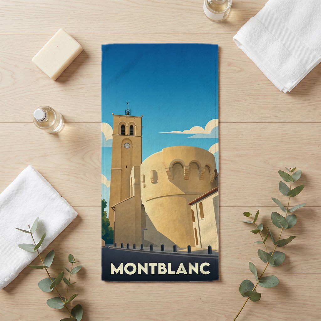 Serviette de bain souvenir de la ville de Montblanc avec une illustration stylisée.